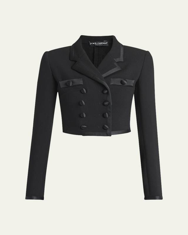 Satin-Trim Double-Breasted Crepe Crop Jacket
